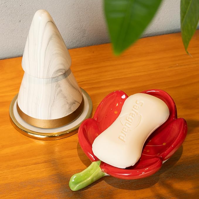 Ceramic Soap Dish Holder for Bathroom, Flower Bar Holder for Shower, Easy Cleaning Saver Tray Decoration for Bathroom, Sinks, Kitchen (Red)