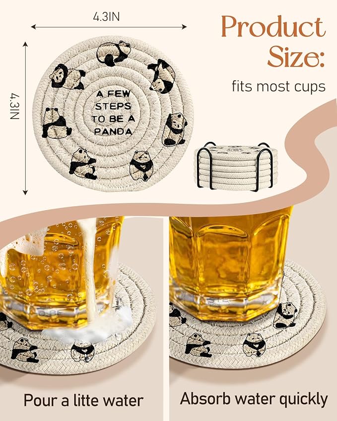 Cup Coasters for Drinks Absorbent - for Coffee Wooden Table Office Cute Farmhouse Outdoor Rustic Desk Kawaii Woven Boys Kids Women Soft Cloth Braided Fabric Animal Coaster Set of 6 with Holder