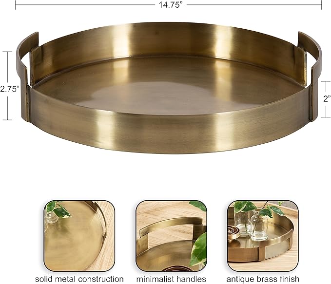 Kate and Laurel Myo Transitional Metal Round Tray, 15 x 15, Brass, Modern Glam Circular Decorative Serving Tray with Handles for Storage, Display, and Decor