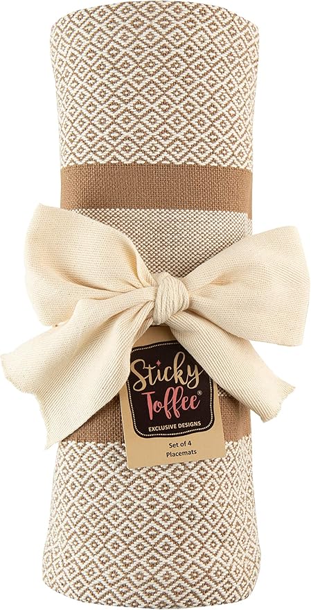 Sticky Toffee Cotton Placemats Set of 4 – Tan Woven 14x19 in Table Mats for Kitchen or Dining Table, Boho Style, Washable Cloth Placemats