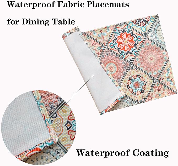 Table Placemats Set of 4 Boho Place Mats Linen Wipeable Placemats Heat Resistant Washable Placemats Fabric Waterproof Rectangle Table Mat for Kitchen Dining Dinner 18 X 12 Inch, Boho