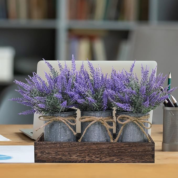 Set of 3 Small Potted Plants Arrangement Artificial Lavender Flower Plants in Rustic Galvanized Metal Pots with Decorative Wood Tray for Farmhouse Table Centerpiece Windowsill Country Indoor Decor