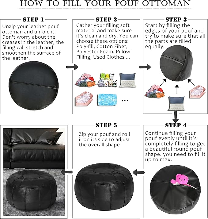 Thgonwid Unstuffed Moroccan Ottoman Pouf Cover, Ottoman Footstool Storage Solution, Bean Bag Chair, Foot Rest, Black