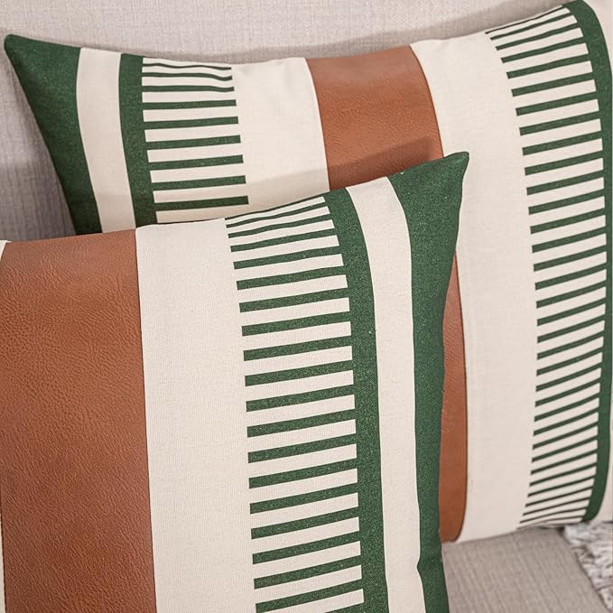 Decorative Farmhouse Throw Pillow Covers 18x18 Accent Faux Leather Pillowcase Rustic Boho Decor,Olive Green and Beige (Cover ONLY, Pack of 2)