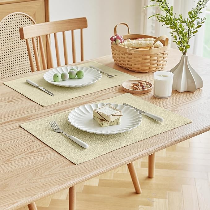 Softalker Faux Linen Placemats Set of 6-12 x 18 Inch, Heat Resistant Double Layered Durable Burlap Farmhouse Place Mats, Non-Slip Washable Rustic Table Mats for Dining, Kitchen, Party(Light Linen