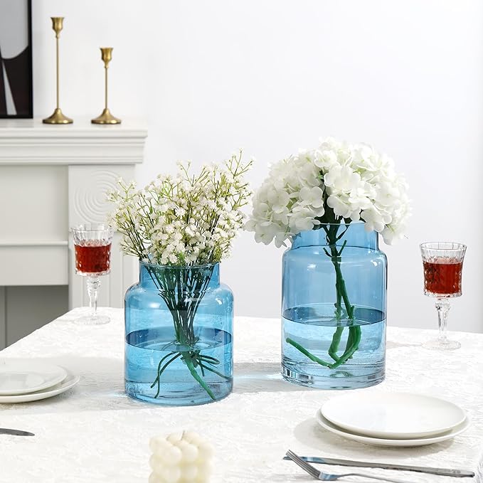 Large Glass Vase, Blue Glass Vase Set of 2, Large Flower Vases for Bouquet, Tall Wide Mouth Vases for Flowers, Home, Wedding, Living Room, Office Decor, 7"+9"