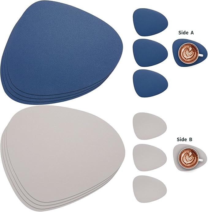 Myir JUN Placemats, Dual-Sided Placemats Waterproof Faux Leather Placemats Set of 4 Place Mats and Coasters Non-Slip Washable Table Mats for Dining Table (Light Gray Blue, Set of 4)