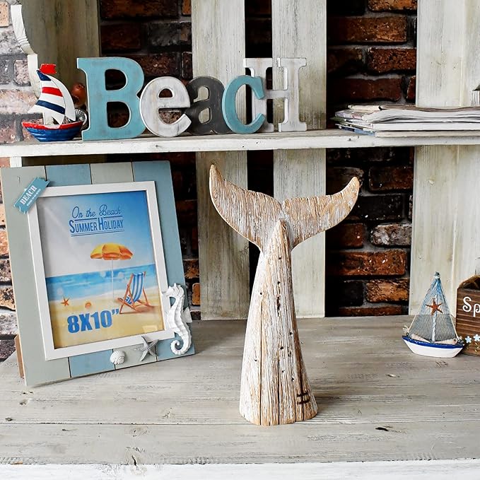 Linfevisi Wooden Whale Tail Decor Tabletop Nautical Decor Solid Wood Whales Tail Statue Sculpture Standing Coastal Decor Beach Figurines for House Sea Decor for Bathroom Ocean Theme Home Decor 13.6" H
