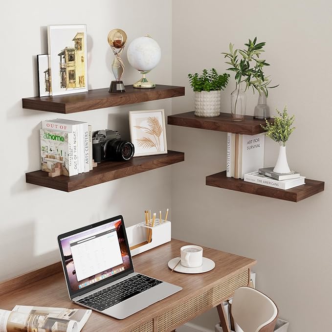 Floating Shelves 16"W x 9"D Set of 2, 9.3 Inch Deep Floating Shelf for Wall, Wall Mounted Bathroom Shelves, Wide Wall Shelves for Books, Rustic Floating Shelves for Living Room, Kitchen, Walnut Color