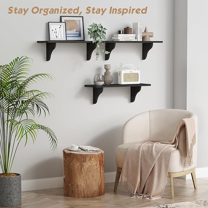 Forbena 24 Inch Black Floating Shelves for Living Room Decor, Decorative Large Arched Wall Shelves for Bedroom Bathroom, Aesthetic Hanging Bookshelf for Closet (Set of 3, Black)