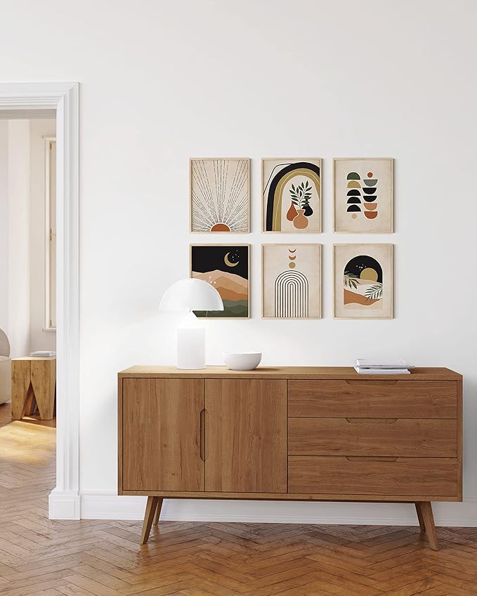HAUS AND HUES Boho Prints Neutral Wall Art - Set of 6 Boho Mid Century Modern Wall Art, Aesthetic Prints for Wall Decor and Mid-Century Modern Artwork (Beige Frame, 11x14)