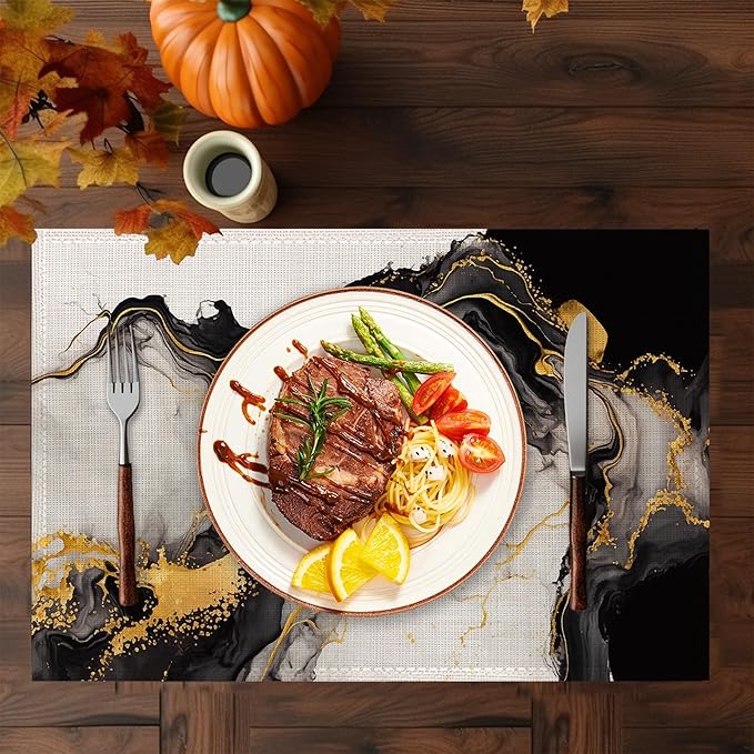 White Black Placemats Set of 6,Washable Heat Resistant 12×18 Inch Linen Table Mats Golden Marble Place Mats for Party Outdoor Dining Décor