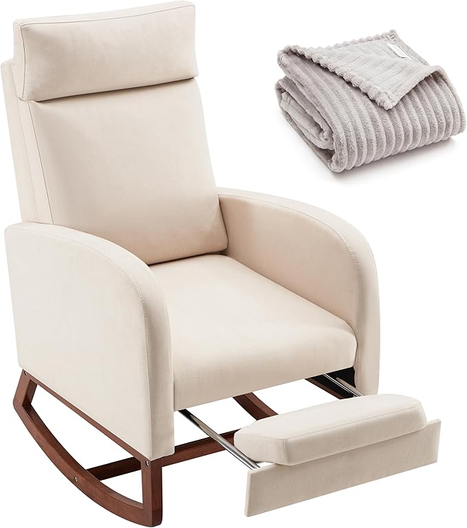 Rocking Chair Nursery Chair with Foot Rest, Nursery Rocking Chairs with High Back, Glider Rocking Chair, Baby Nursery Glider Rocker, Nursing Chair Accent Living Room, Beige with Blanket