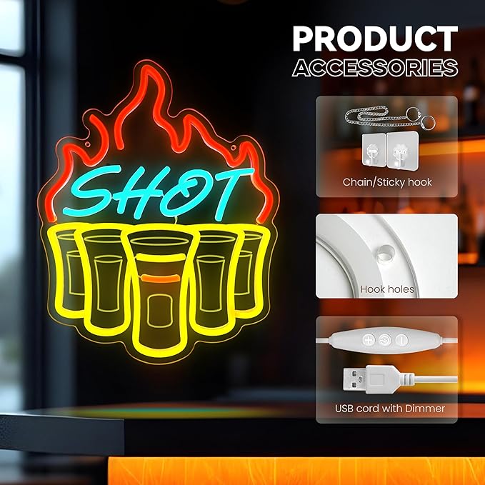 Shot Neon Sign, Bar Neon Signs for Wall Decor, Dimmable Acrylic Neon Lights for Home Bar Pub Club Bistro Man Cave Restaurant Party Decorations Gift