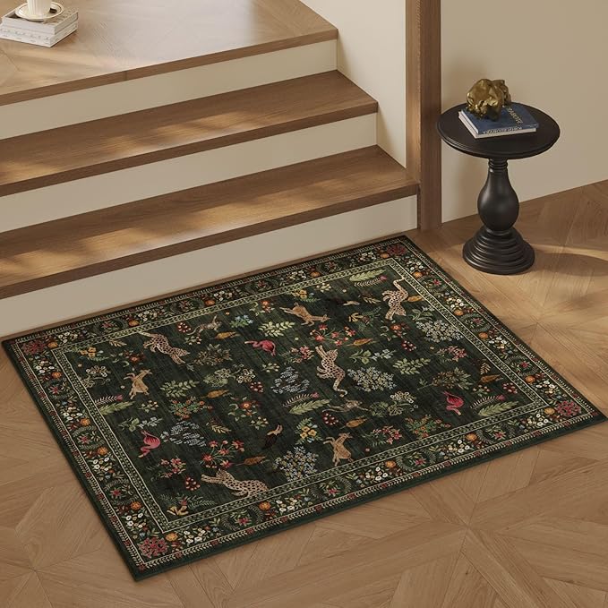 Door Mat Indoor Entrance 2x3 Rug Machine Washable Boho Floral Animal Small Area Rug Non-Slip Low Pile Throw Rugs for Entryway, Kitchen, Front Door Indoor Entrance, Entry, Kids Room (Green)