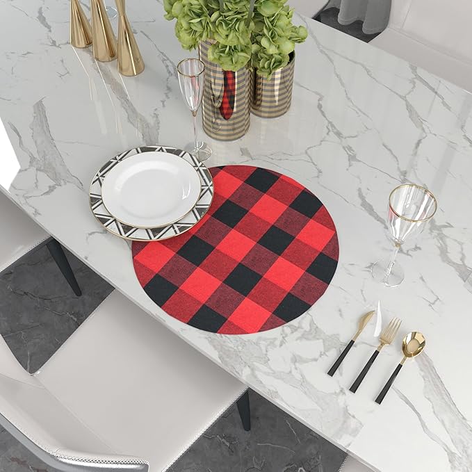 Red & Black Cotton Buffalo Check Round Placemat, Set of 4, 15 Inch eco-Friendly Fabric Handcrafted Machine Washable Indoor & Outdoor Tablemat