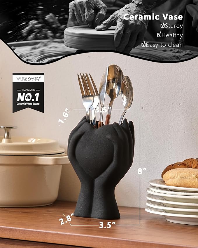 8" Heart Hand Black Ceramic Vase - Unique Modern Aesthetic Flowers Vase for Living Room Bedroom Office Kitchen Table Centerpiece or Shelf Decor-Gifts for Wedding Bridal Shower Women Mom (Black)