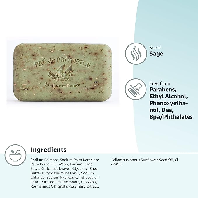 Pre de Provence Artisanal Soap Bar, Natural French Skincare, Enriched with Organic Shea Butter, Quad Milled for Rich, Smooth & Moisturizing Lather, Sage, 5.3 Ounce