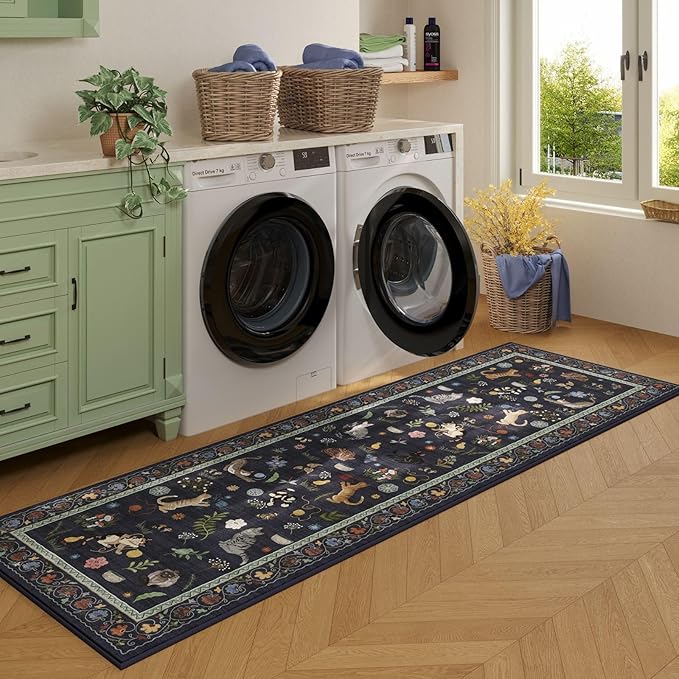 Runner Rug for Kitchen Non Slip 2'6''x8' Washable Rugs with Rubber Backing Soft Floral Animal Cat Carpet Runner for Kitchen Laundry Bedroom Bathroom, Cobalt Blue