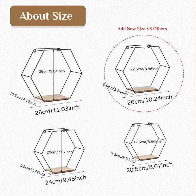 Hexagon Shelves Black for Wall - Metal Wood Floating Honeycomb Shelf - Hanging Planter Shelves for Living Room Bedroom Bathroom Set of 4