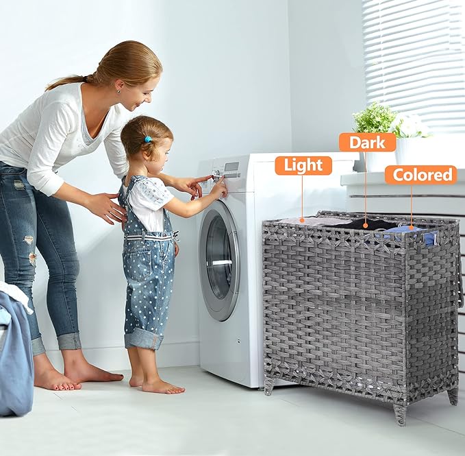 Laundry Hamper with 3 Removable Liner Bags; 132L Handwoven Rattan Laundry Basket with Lid & Heightened Feet; Clothes Hamper with Side Handles; Laundry Sorter with 3 Separate Sections (Gray)