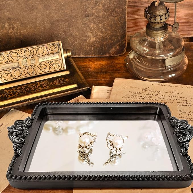 Vintage Black Tray with Mirror Glass Base | Card Holder for Guests During Occasions and Events or Decorative Home and Vanity Organizer
