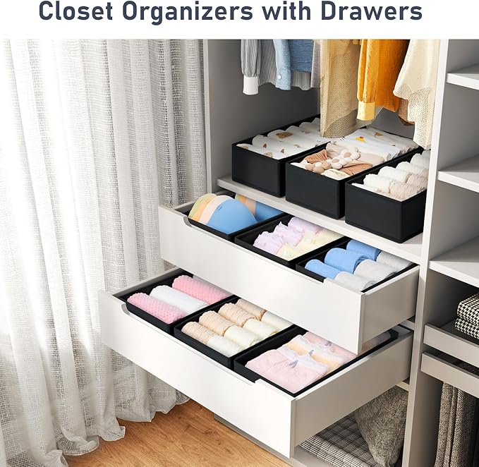 DIMJ Drawer Organizer Clothes - Underwear Organizer Sock Closet Organizers and Storage Box Dresser Organizer, Drawer Dividers for Baby Clothes, Bra, Socks, Belt, Tie, Set of 9, Black