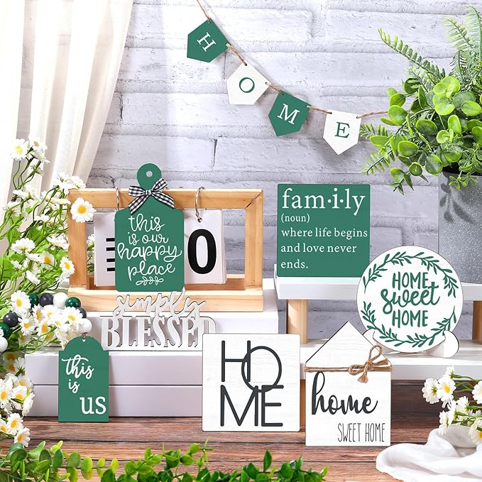 Set of 11 Spring Farmhouse Tiered Tray Decor Rustic Spring Home Tiered Decorations Set Home Wooden Signs Green Farmhouse Tabletop Wood Trays for Decorative Trays