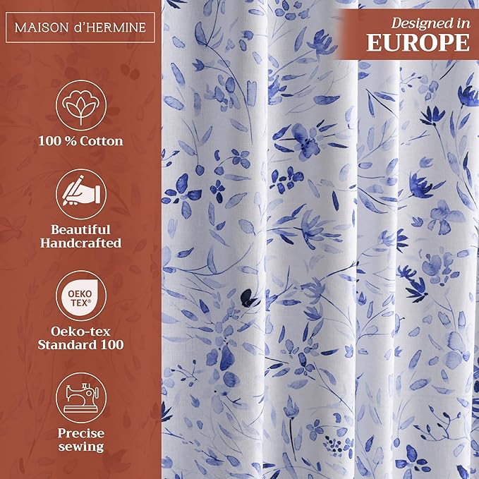 Maison d' Hermine Curtains for Living Room 100% Cotton 96 inch Length One Panel Light Filtering Curtains for Bedroom Windows with Rod and Loop Pockets Drapes (Summer Blues, 50" W x 96" L)