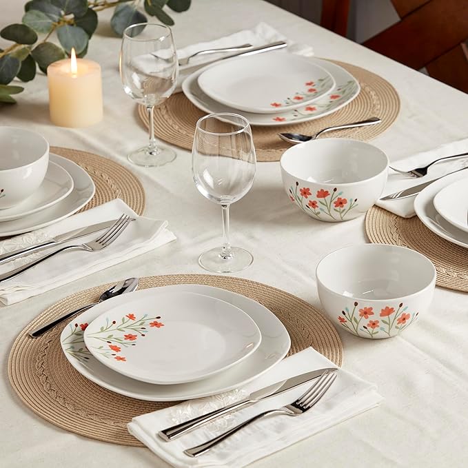 Tabletops Gallery 12-Piece White Floral Ceramic Dinnerware Set of Kitchen Dishes, Soft Square Dinner Salad Plates Cereal Bowls, Service for 4, Caroline