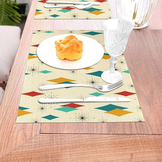 Mid Century Modern Placemats Set of 4 Retro Decor Table Mats for Kitchen Dining Table Holiday Party Heat Resistant Washable Farmhouse Yellow Place Mats, Linen 12x18 Inch