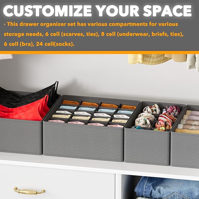 SpaceAid Underwear Drawer Organizer, 4 Pack Dresser Organizer Bins for Nursery, Closet Organization and Storage with Dividers for Baby Clothes Socks Bra Ties Scarf (Grey)
