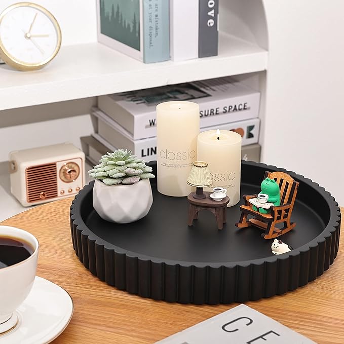 Emma & Ella Round Decorative Tray for Coffee Table Decor – Concrete Round Tray Home Decor – Circle Centerpiece Bandejas Decorativas for Living Room, Ottoman, Vanity, or Entryway (Black)