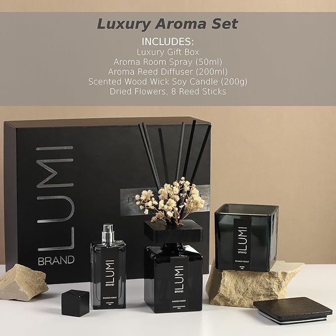 Luxury Aroma Set | Scented Reed Diffuser (200ml), Scented Wood Wick Soy Candle (200g), Aroma Room Spray (50ml), Includes Dried Flowers, 8 Reed Sticks - Home Fragrance Gift Set (Bamboo Forest)