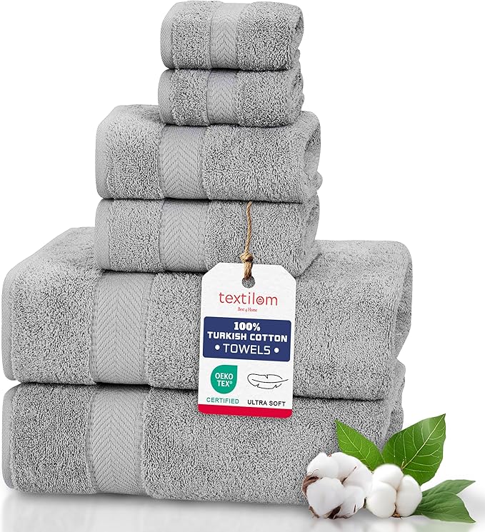 TEXTILOM 6 Pcs Bath Towel Set – Hotel and Spa Quality & Soft & Absorbent & Quick Dry Bath Towels for Bathroom –100% Turkish Cotton Bathroom Towels Set (2 Bath Towels,2 Hand Towels,2 Washcloths)-Grey