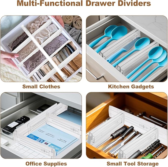 4 Pack Drawer Dividers for Clothes, 4" High 10"-17" Adjustable Drawer Dividers Expandable Dresser Drawer Organizers, Clear Drawer Separators for Clothes, Underwear, Cosmetic, Kitchen Utensils Storage