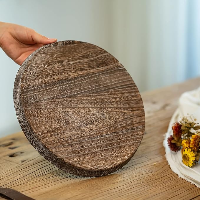 Romadedi Rustic Wooden Tray Candle Holder - Small Decorative Plate Pillar Candle Tray Wood for Farmhouse Kitchen Countertop Coffee Table Organizer Home Decor Wedding Centerpiece, Size L-2pcs