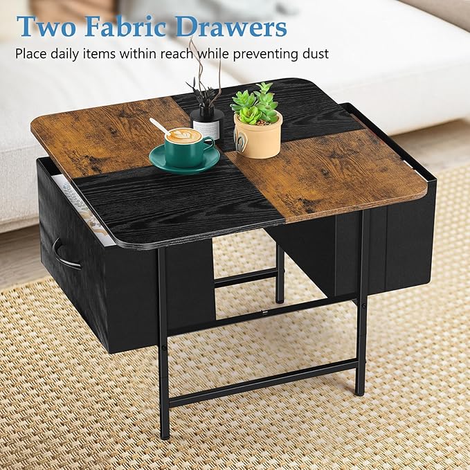 Small Storage Coffee Tables for Living Room Rustic Square Coffee Table with 2 Fabric Drawers Wooden Center Table Tea Table for Living Room Bedroom Small Spaces Guest Room Balcony, Brown and Black