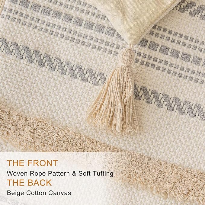 Boho Throw Pillow Covers 12x20 Set of 2 Woven Tufted Farmhouse Pillows Cover with Tassels Textured Striped Cushion Case Lumbar Pillow Cases Decorative Pillowcase for Sofa, Couch, Bed, Khaki
