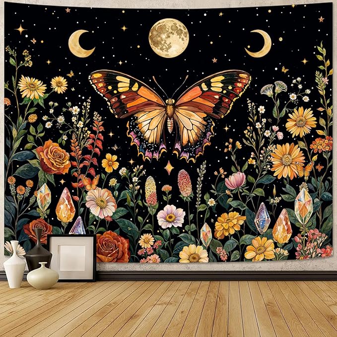 Lunerfex Boho Butterfly Tapestry Flower Moon Wall Tapestry, Moon Phases Tapestries for Bedroom Cute Tapestries Wall Hanging for Bedroom Living Room Wall Decor Butterfly-2 70"x90"