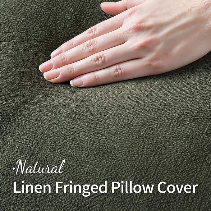 MIULEE Decorative Throw Pillow Covers Neutral Linen Fringe Throw Pillows Set of 2 Rifle Green Boho Farmhouse Cushion Covers with Tassels for Couch Sofa Bed Living Room Spring Home Decor 20x20 Inch