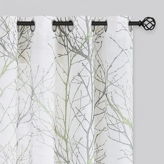 FMFUNCTEX Linen Semi Sheer Curtains for Bedroom, Sage Green White Curtains 63 Inches Long for Living Room, Grey Tree Branch Print Curtain Light Filtering Farmhouse Window Drapes, Grommet Top 2 Panels