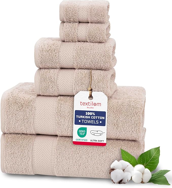 TEXTILOM 6 Pcs Bath Towel Set – Hotel and Spa Quality & Soft & Absorbent & Quick Dry Bath Towels for Bathroom –100% Turkish Cotton Bathroom Towels Set (2 Bath Towels,2 Hand Towels,2 Washcloths)-Beige