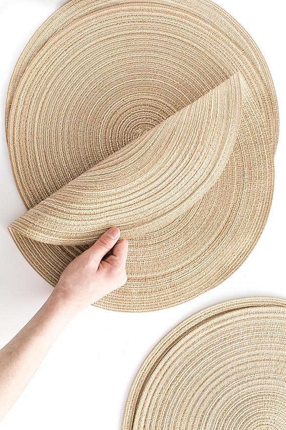 Floroom 15 Inch Round Braided Placemats Set of 6, Washable Heat Resistant Cotton Polyester Circle Place Mats for Kitchen Dining Table - Dunes Khaki