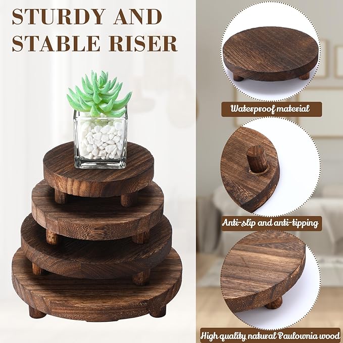 Geetery 4 Pcs Wooden Risers for Display Wood Pedestal Stand Mini Tray Stand Round Wooden Pedestal Holder Rustic Riser for Decor Tiered Tray Decor Home Kitchen, 4 Size(Brown)