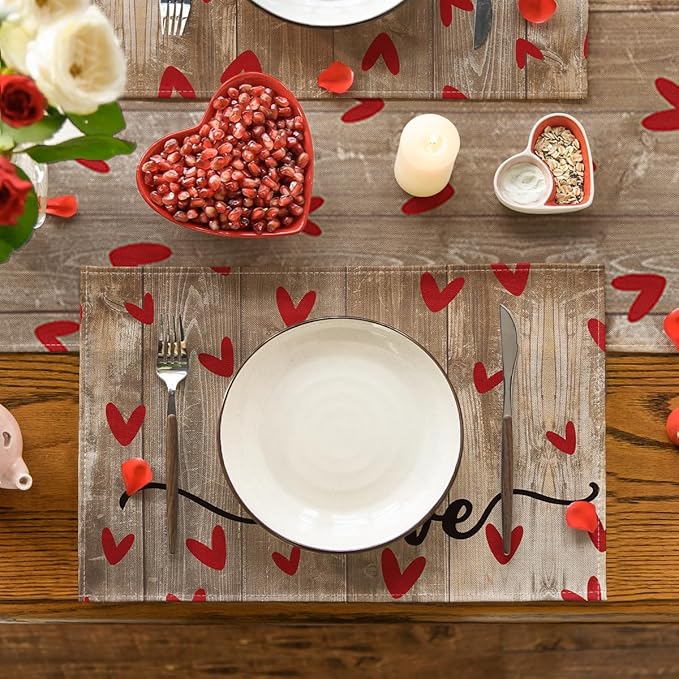 Artoid Mode Wood Love Hearts Valentine Placemats Set of 4, 12x18 Inch Seasonal Anniversary Holiday Table Mats for Party Kitchen Dining Decoration