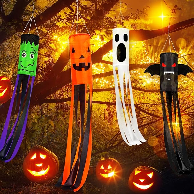 Whaline 4 Pieces Halloween Windsock Flag 39 Inch Spooky Cartoon Flag Wind Socks Pumpkin Bat Ghost Monster Outdoor Hanging Decoration for Home Yard Patio Lawn Garden Tree Party Decoration