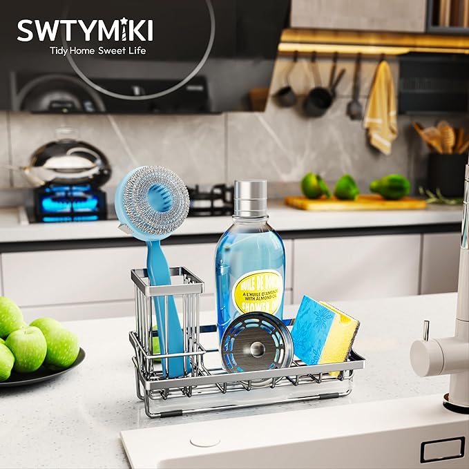 SWTYMIKI Kitchen Sink Caddy Sponge Holder, Kitchen Sink Organzier and Storage with High Brush Holder and Drip Tray for Dish Sponges, Silver