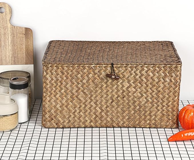 Hipiwe Wicker Shelf Baskets Bin with Lid, Handwoven Seagrass Basket Storage Bins Rectangular Household Basket Boxes for Shelf Wardrobe Home Organizer, Coffee X-Large