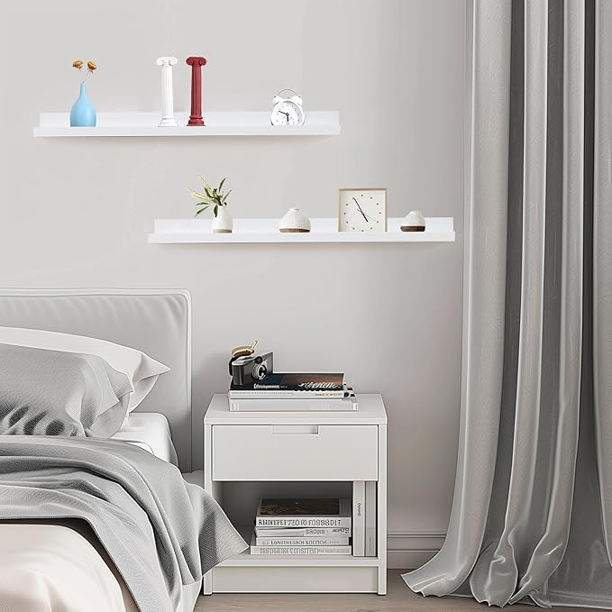 Muzilife 35.4" Large Floating Wall Ledge Shelves with Lip - Set of 2 Wood Floating Shelves - White Wall Mounted Picture Ledge for Office, Bathroom, Bedroom, Living Room, Kitchen